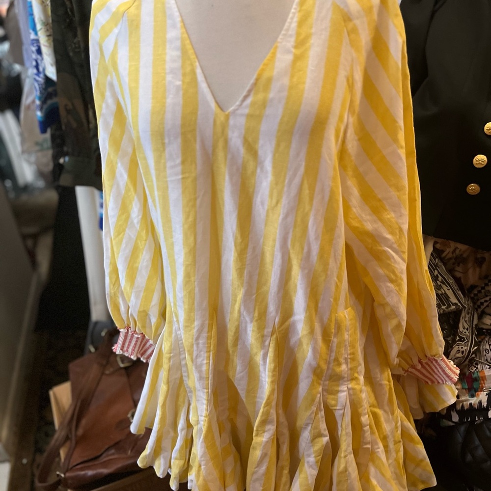 RHODE Yellow and White Striped V-Neck Dress